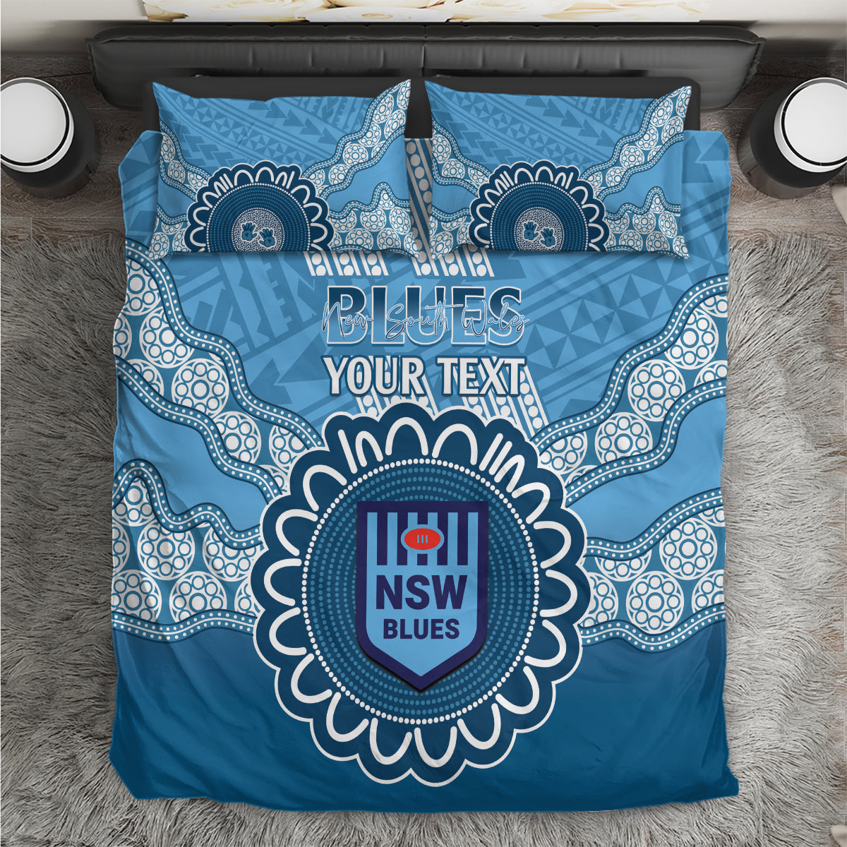 Custom NSW Blues Rugby Bedding Set Aussie Aboriginal Mix Polynesian Pattern - Vibe Hoodie Shop