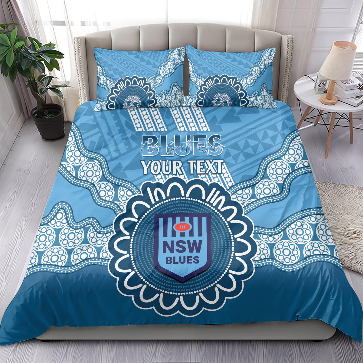 Custom NSW Blues Rugby Bedding Set Aussie Aboriginal Mix Polynesian Pattern - Vibe Hoodie Shop