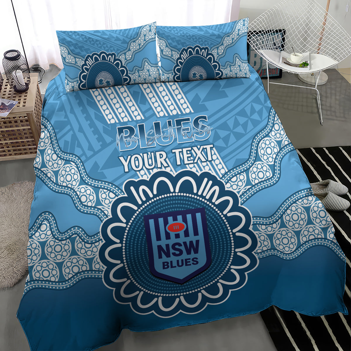 Custom NSW Blues Rugby Bedding Set Aussie Aboriginal Mix Polynesian Pattern - Vibe Hoodie Shop