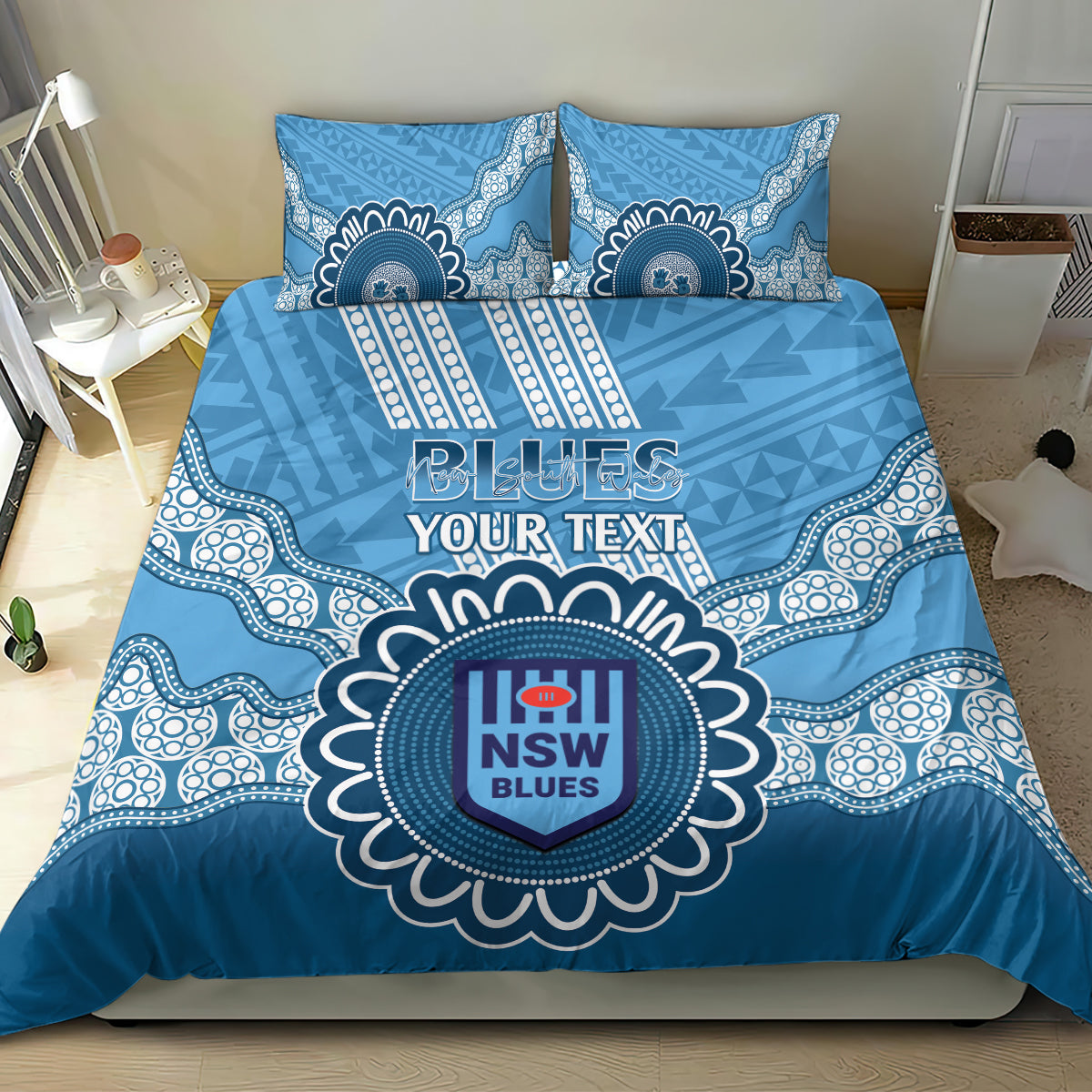 Custom NSW Blues Rugby Bedding Set Aussie Aboriginal Mix Polynesian Pattern - Vibe Hoodie Shop