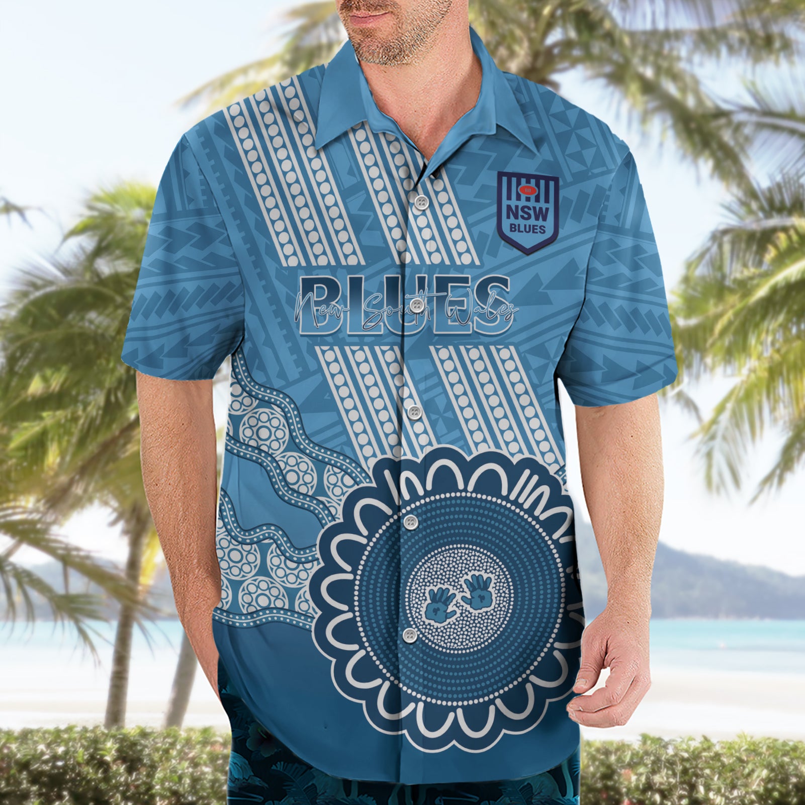 Custom NSW Blues Rugby Hawaiian Shirt Aussie Aboriginal Mix Polynesian Pattern - Vibe Hoodie Shop