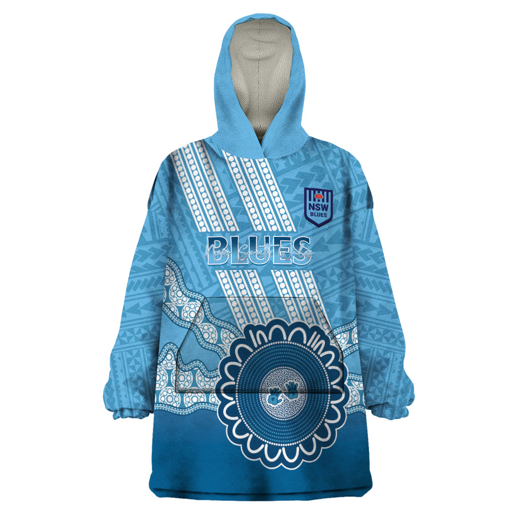 Custom NSW Blues Rugby Wearable Blanket Hoodie Aussie Aboriginal Mix Polynesian Pattern - Vibe Hoodie Shop