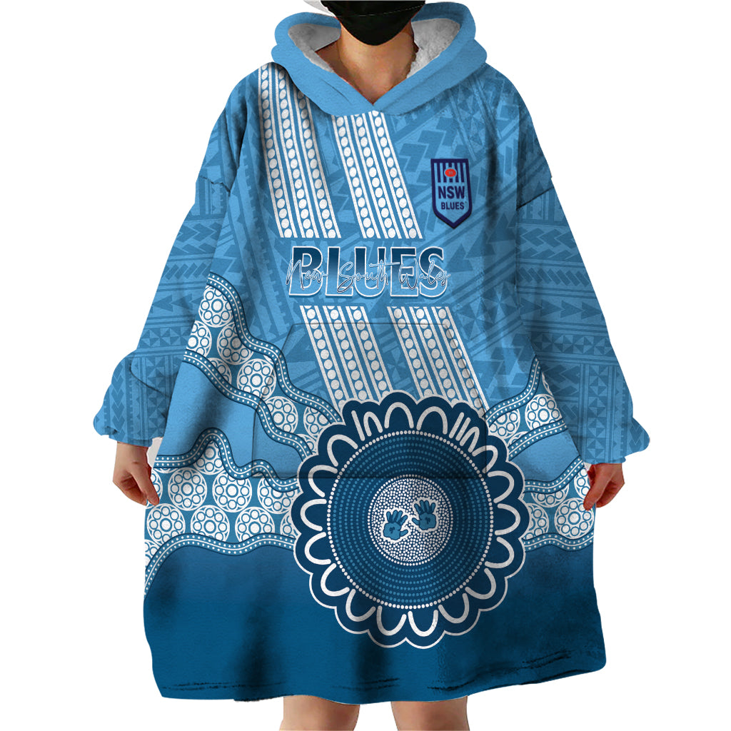 Custom NSW Blues Rugby Wearable Blanket Hoodie Aussie Aboriginal Mix Polynesian Pattern - Vibe Hoodie Shop