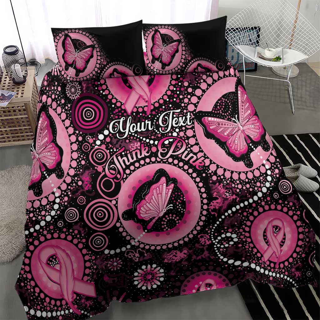 Personalised Australia Indigenous Bedding Set Breast Cancer Ribbon Think Pink - Black Version - Vibe Hoodie Shop