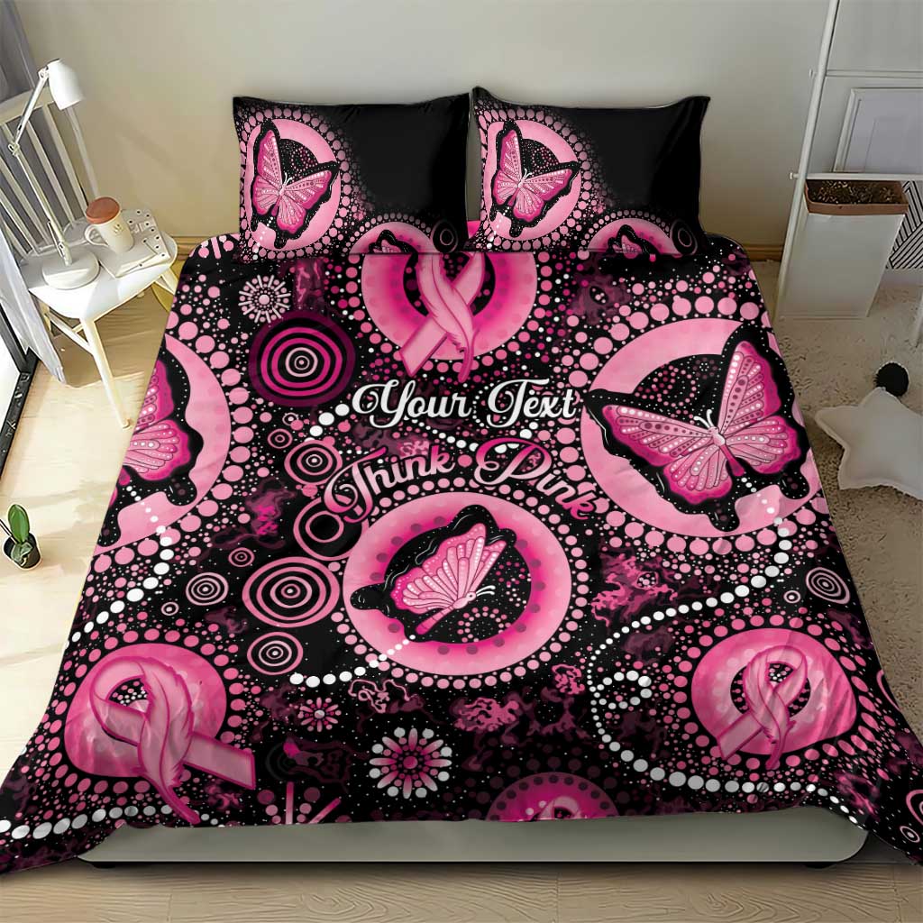Personalised Australia Indigenous Bedding Set Breast Cancer Ribbon Think Pink - Black Version - Vibe Hoodie Shop