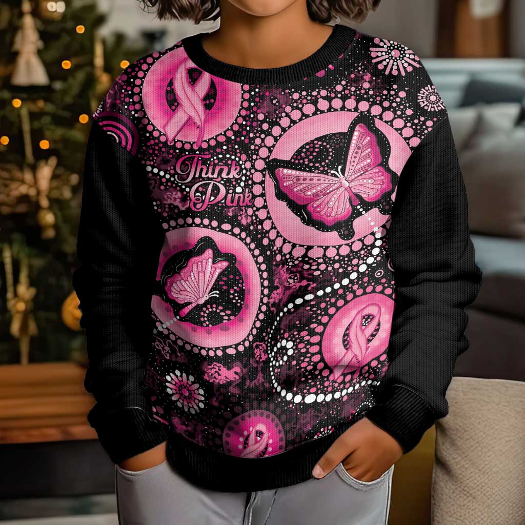 Personalised Australia Indigenous Kid Ugly Christmas Sweater Breast Cancer Ribbon Think Pink - Black Version - Vibe Hoodie