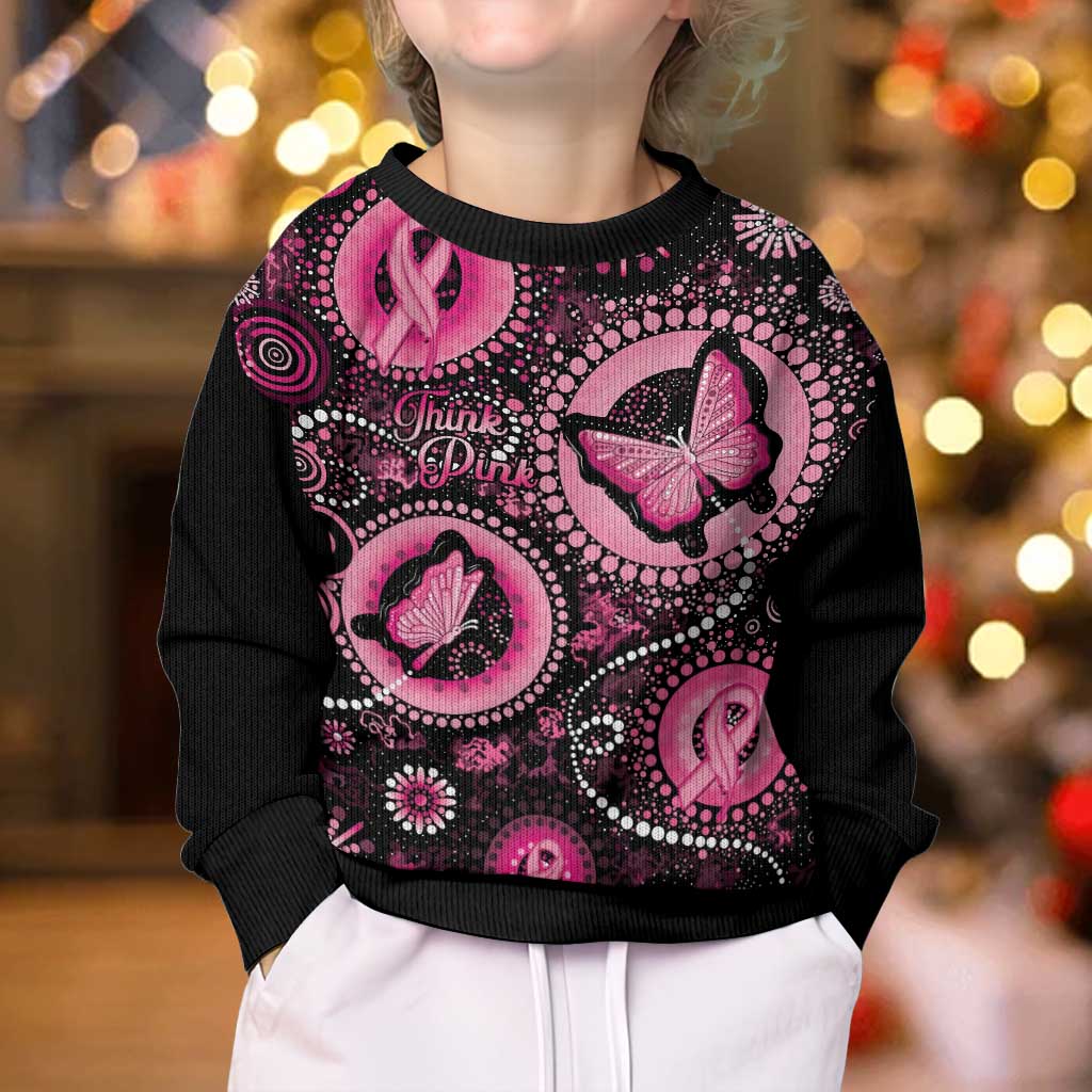 Personalised Australia Indigenous Kid Ugly Christmas Sweater Breast Cancer Ribbon Think Pink - Black Version - Vibe Hoodie