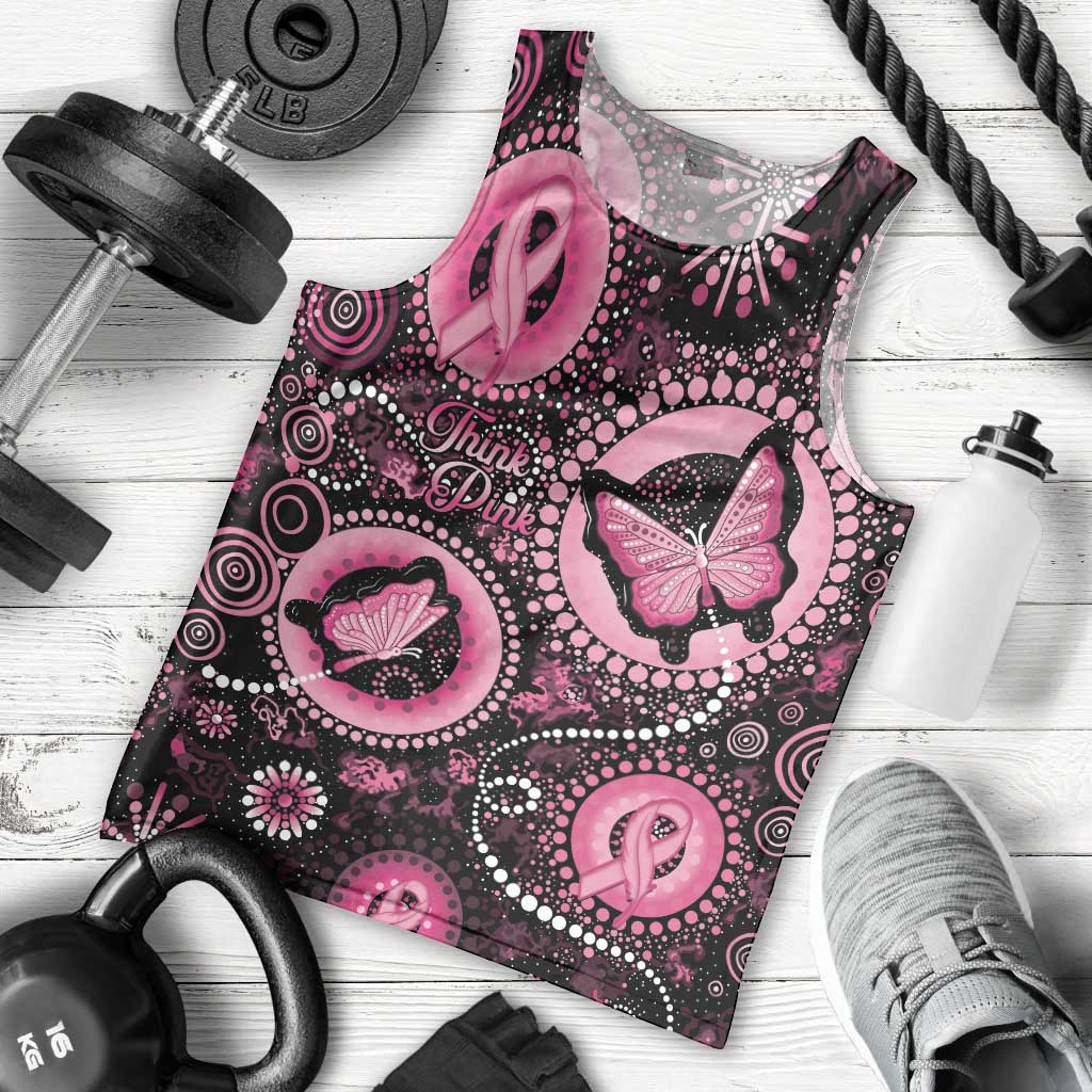 Personalised Australia Indigenous Men Tank Top Breast Cancer Ribbon Think Pink - Black Version - Vibe Hoodie Shop