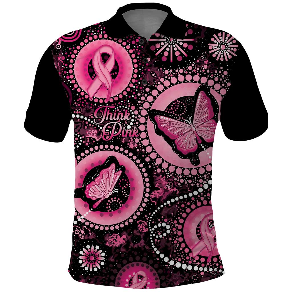 Personalised Australia Indigenous Polo Shirt Breast Cancer Ribbon Think Pink - Black Version - Vibe Hoodie Shop