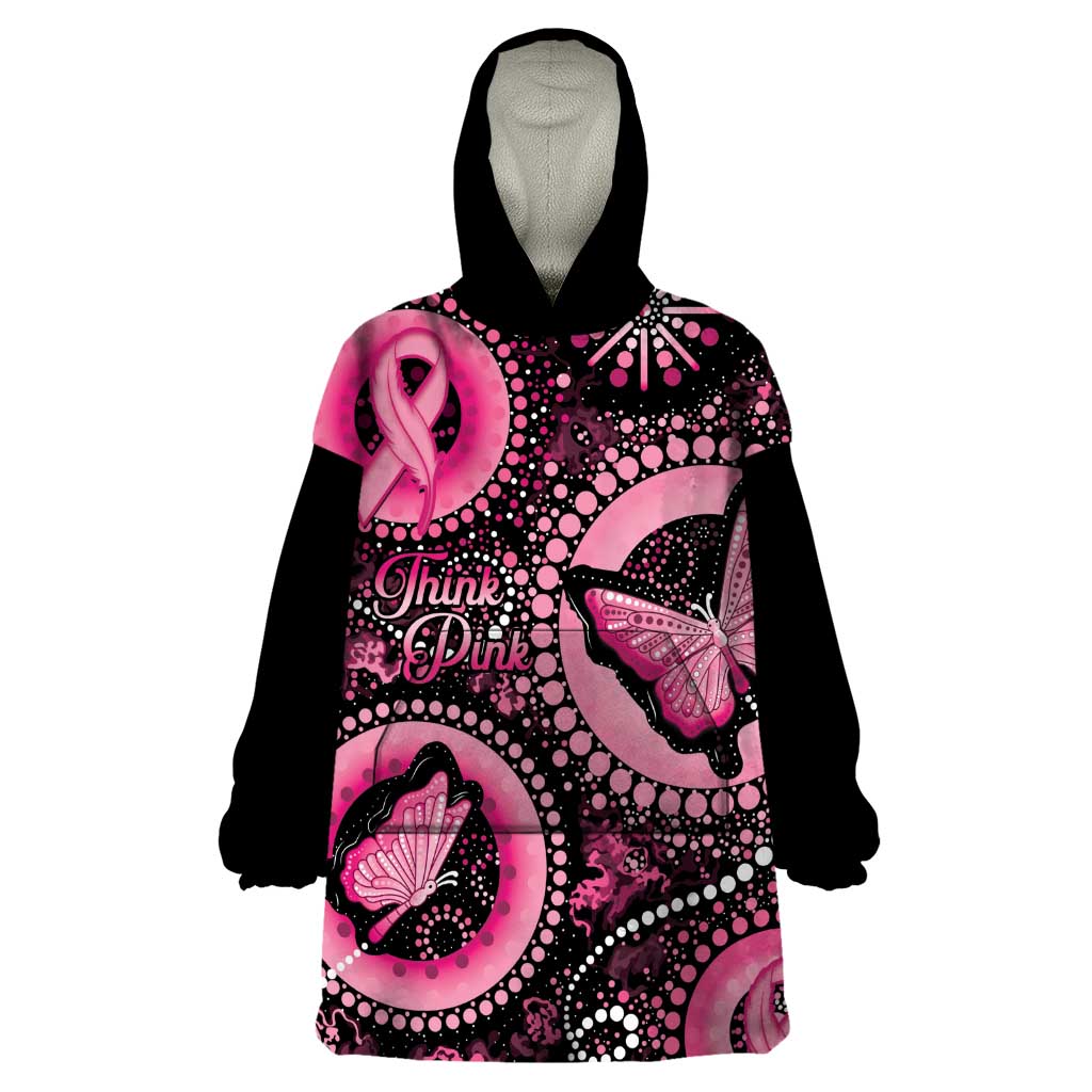 Personalised Australia Indigenous Wearable Blanket Hoodie Breast Cancer Ribbon Think Pink - Black Version - Vibe Hoodie Shop