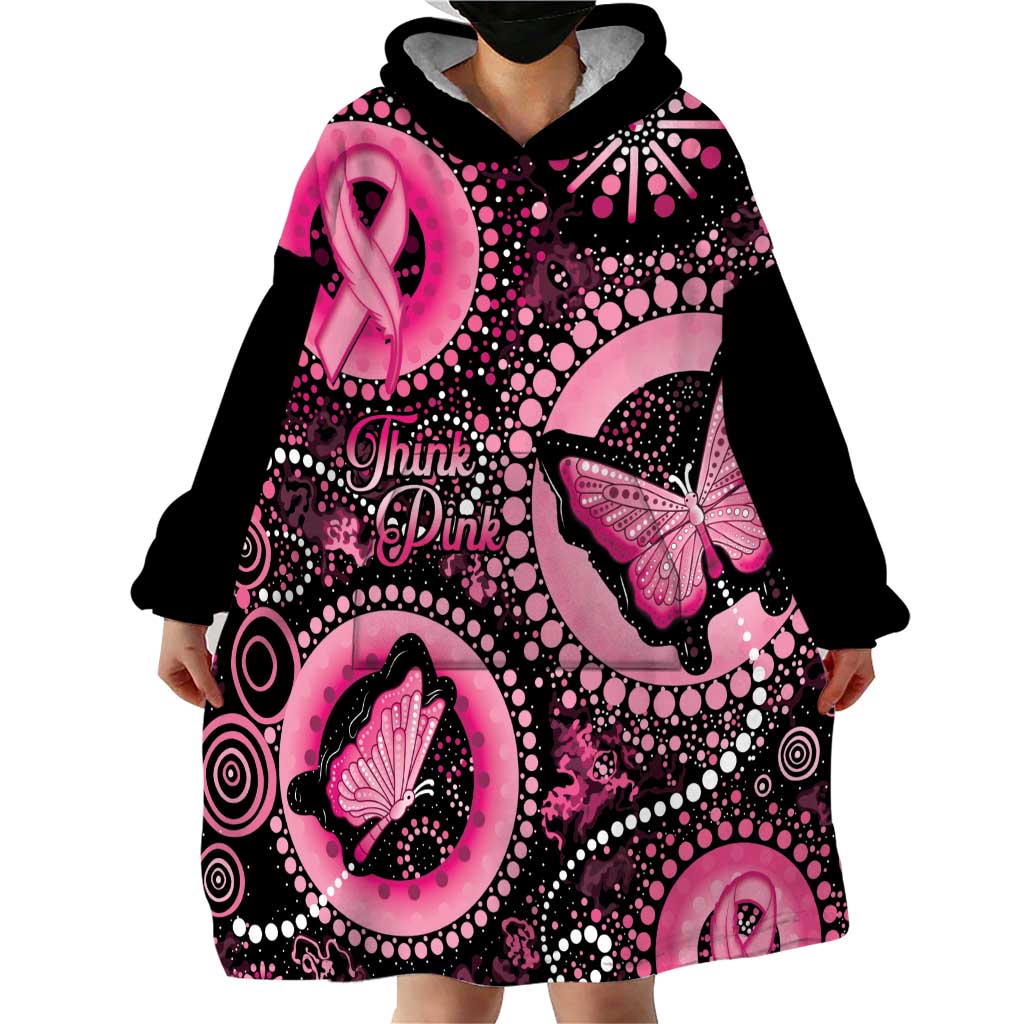 Personalised Australia Indigenous Wearable Blanket Hoodie Breast Cancer Ribbon Think Pink - Black Version - Vibe Hoodie Shop