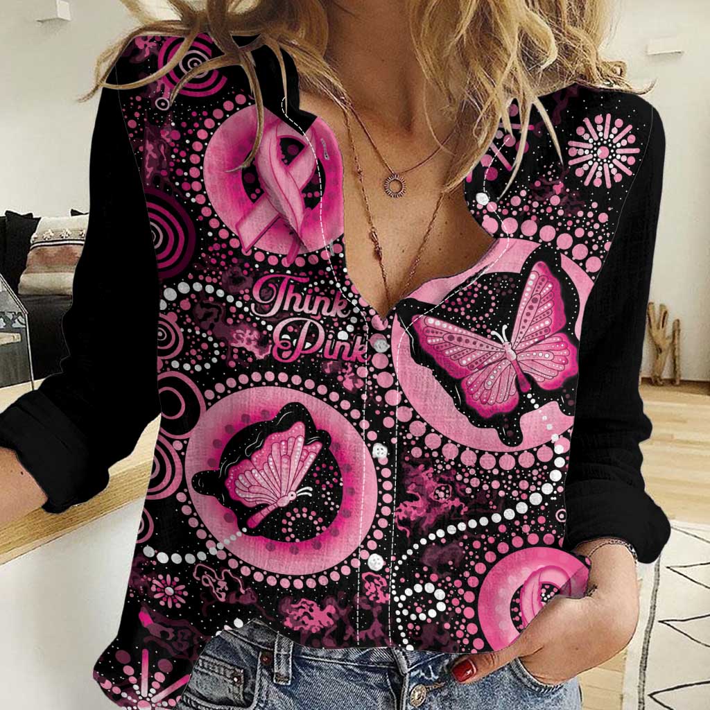 Personalised Australia Indigenous Women Casual Shirt Breast Cancer Ribbon Think Pink - Black Version - Vibe Hoodie Shop