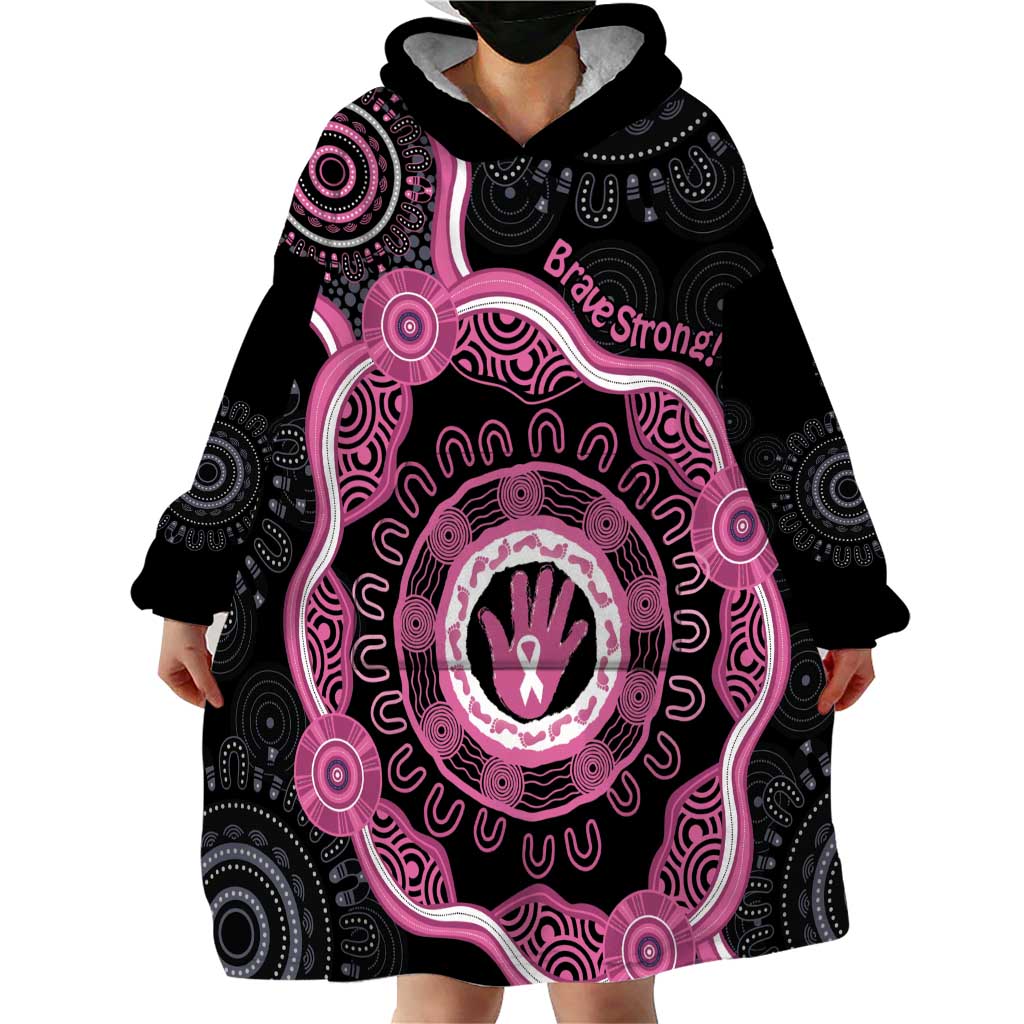 Personalised Australia Breast Cancer Wearable Blanket Hoodie Brave Strong Aboriginal Art - Vibe Hoodie Shop