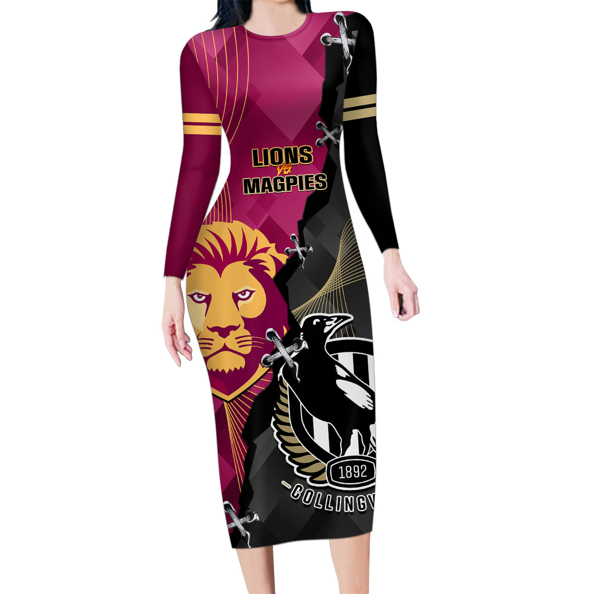 collingwood-and-lions-football-family-matching-long-sleeve-bodycon-dress-and-hawaiian-shirt-2023-grand-final-magpies-brisbane-together