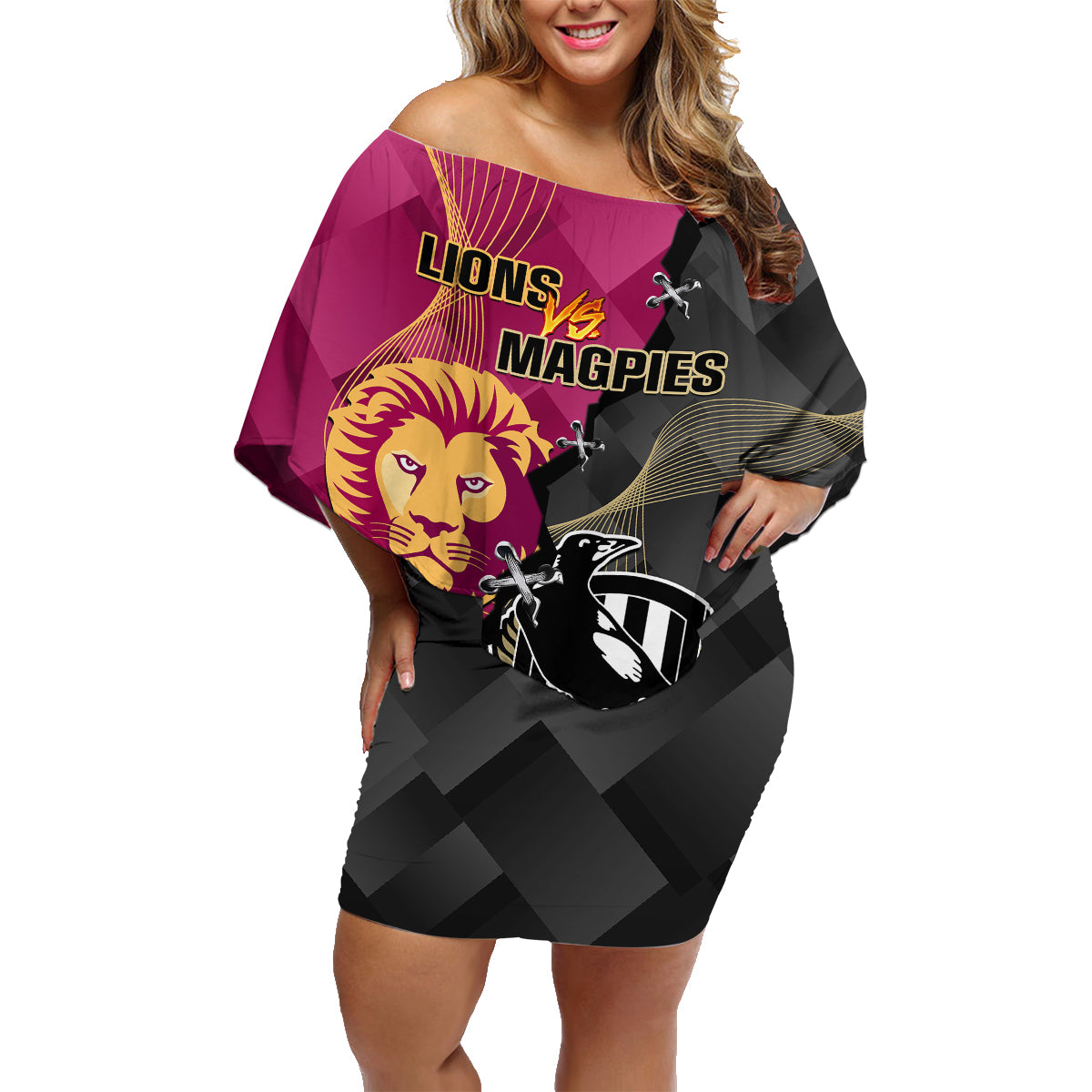 collingwood-and-lions-football-family-matching-off-shoulder-short-dress-and-hawaiian-shirt-2023-grand-final-magpies-brisbane-together