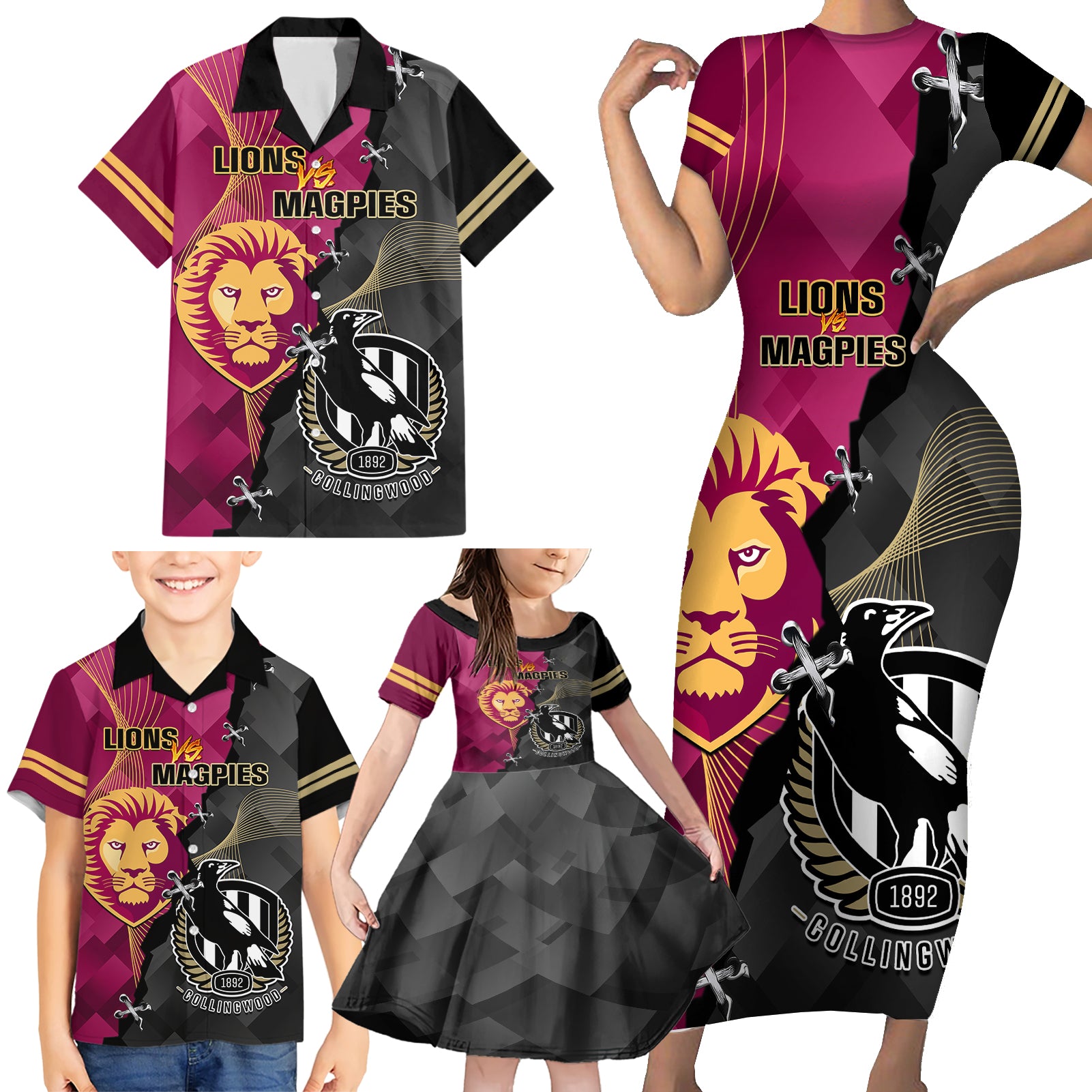 collingwood-and-lions-football-family-matching-short-sleeve-bodycon-dress-and-hawaiian-shirt-2023-grand-final-magpies-brisbane-together