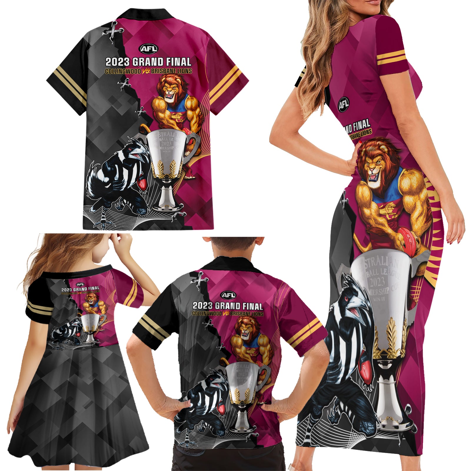 collingwood-and-lions-football-family-matching-short-sleeve-bodycon-dress-and-hawaiian-shirt-2023-grand-final-magpies-brisbane-together