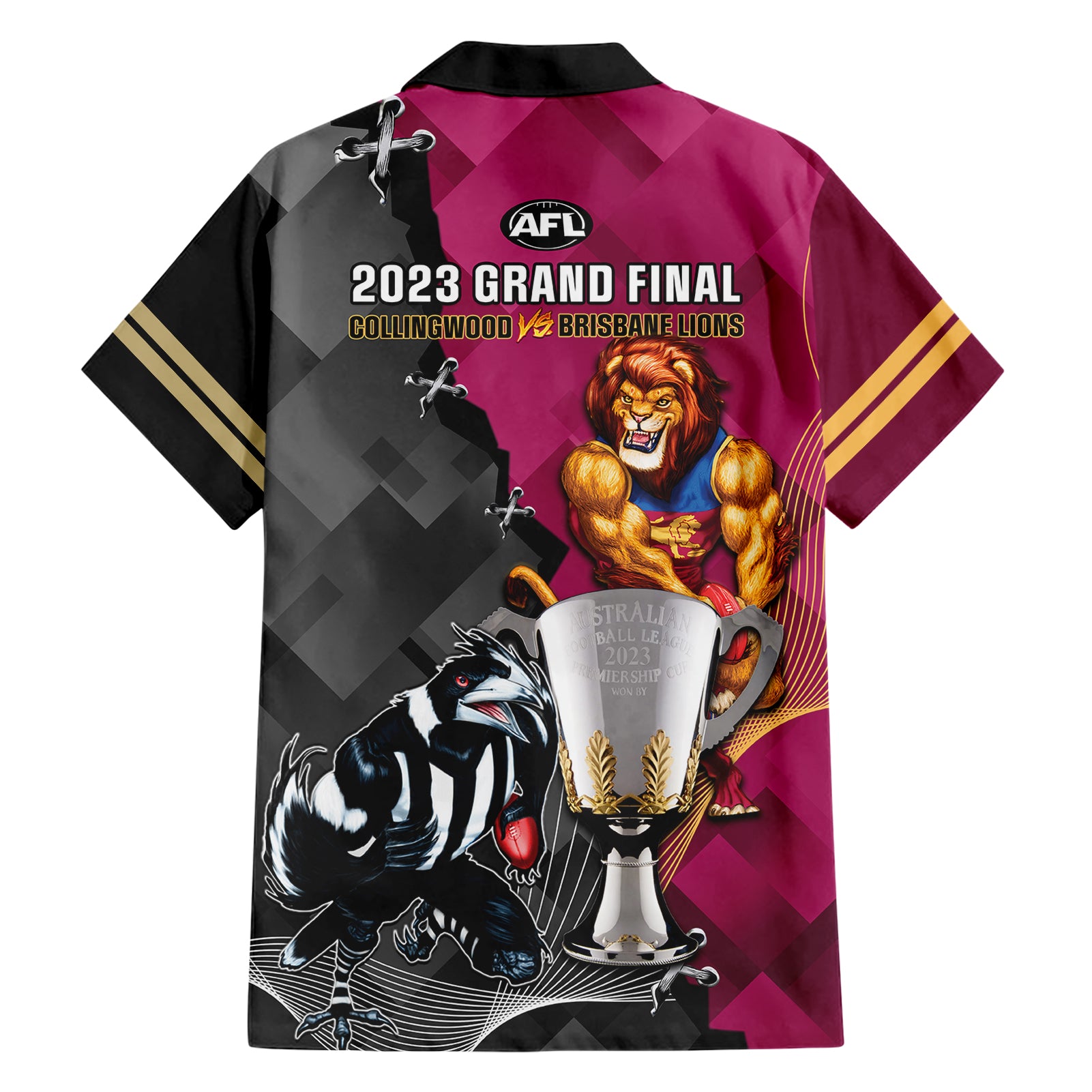 collingwood-and-lions-football-family-matching-short-sleeve-bodycon-dress-and-hawaiian-shirt-2023-grand-final-magpies-brisbane-together