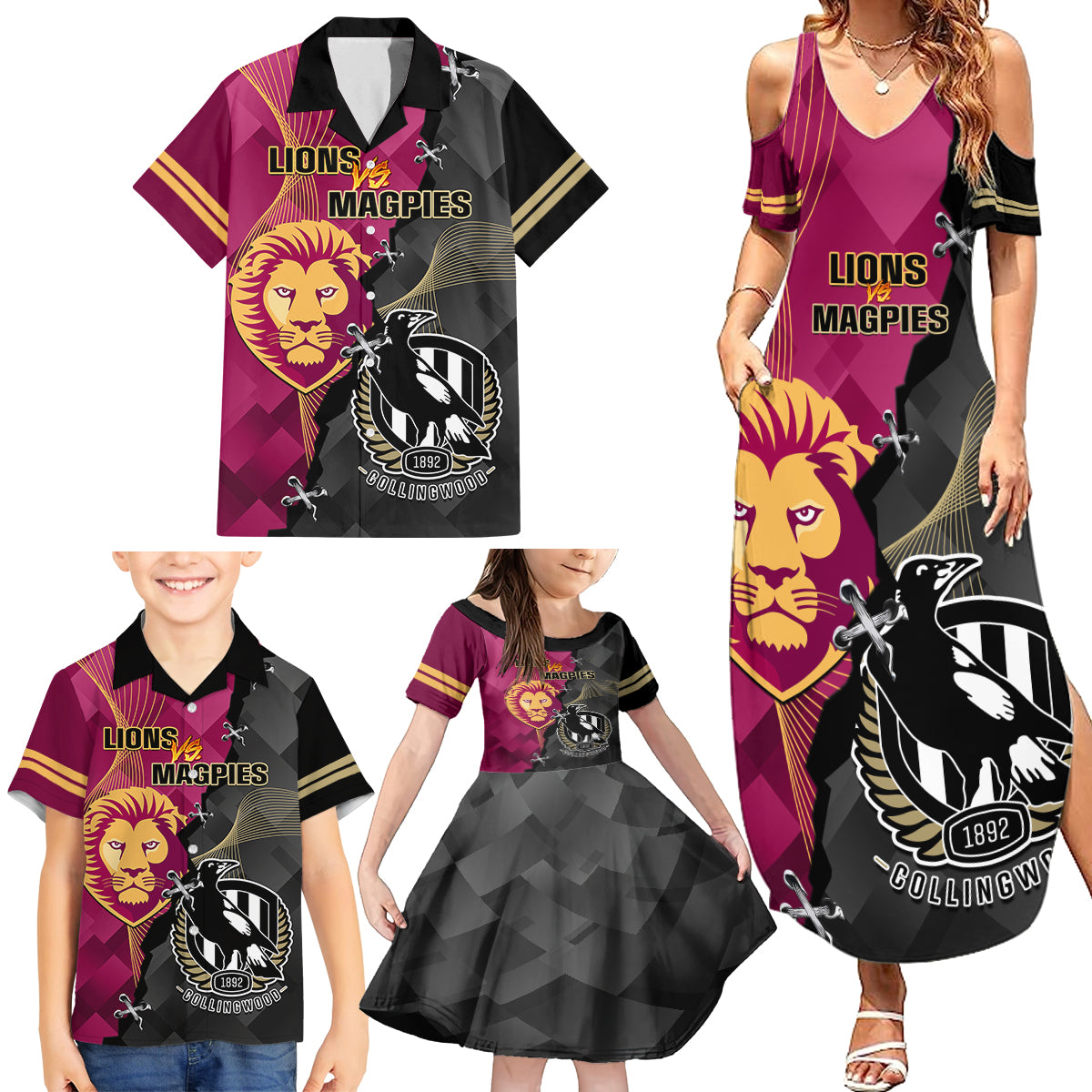 collingwood-and-lions-football-family-matching-summer-maxi-dress-and-hawaiian-shirt-2023-grand-final-magpies-brisbane-together