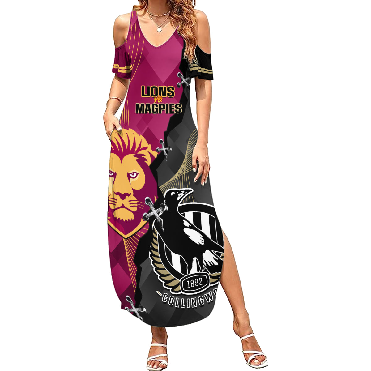 collingwood-and-lions-football-family-matching-summer-maxi-dress-and-hawaiian-shirt-2023-grand-final-magpies-brisbane-together