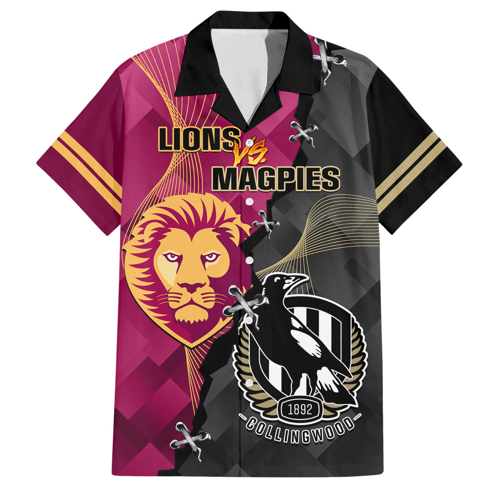 Personalised Collingwood And Lions Football Hawaiian Shirt 2023 Grand Final Magpies Brisbane Together - Vibe Hoodie Shop
