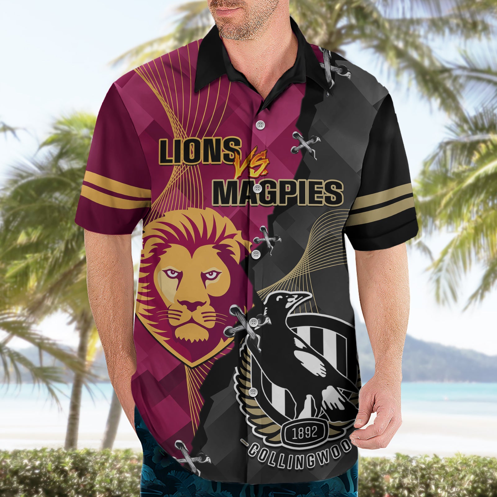 Personalised Collingwood And Lions Football Hawaiian Shirt 2023 Grand Final Magpies Brisbane Together - Vibe Hoodie Shop