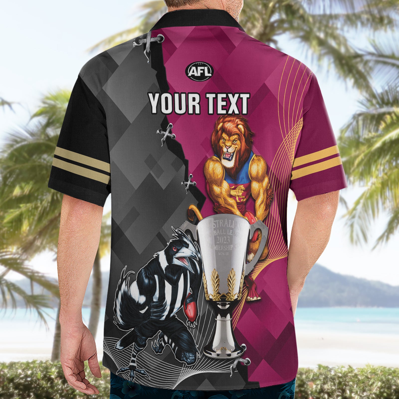 Personalised Collingwood And Lions Football Hawaiian Shirt 2023 Grand Final Magpies Brisbane Together - Vibe Hoodie Shop