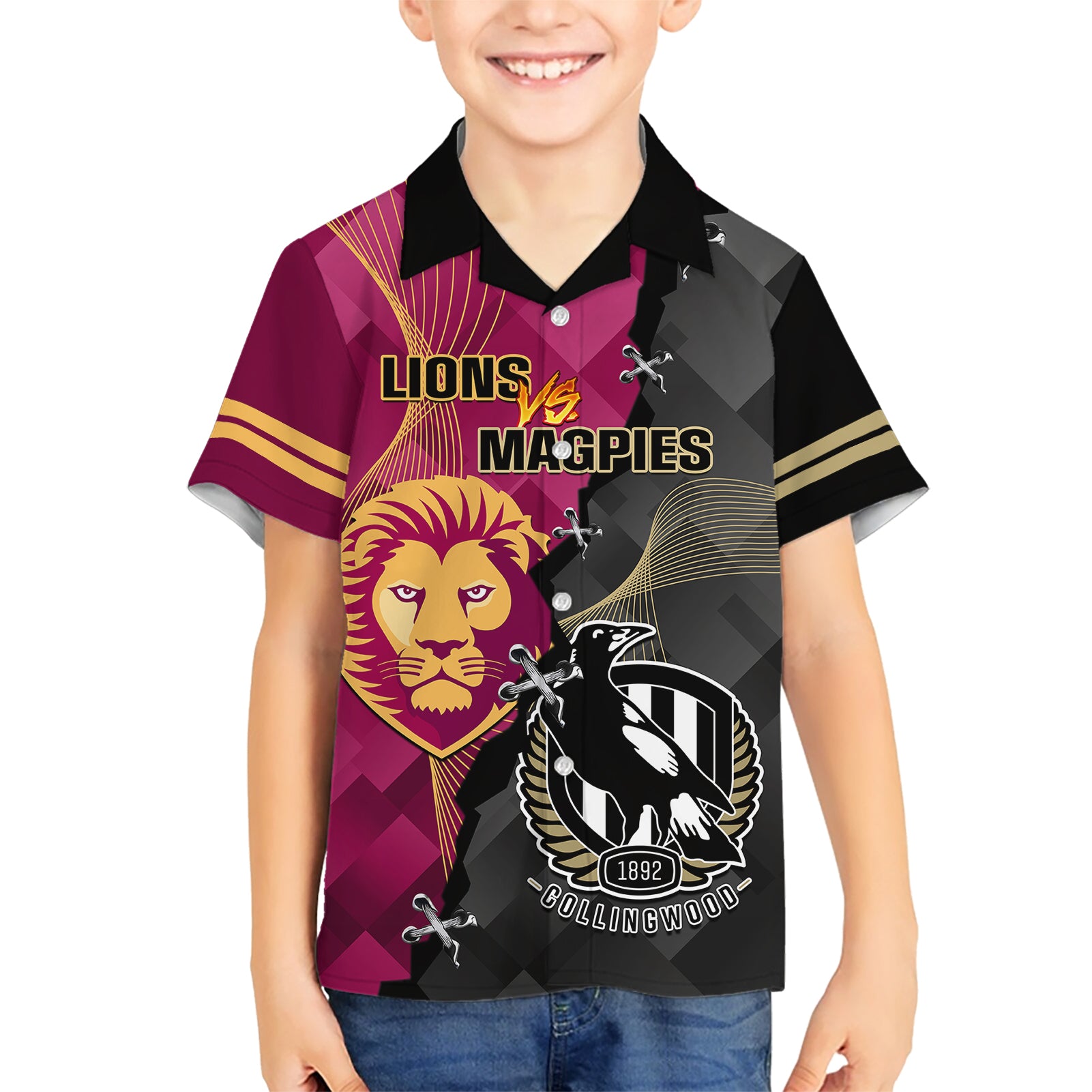 Personalised Collingwood And Lions Football Hawaiian Shirt 2023 Grand Final Magpies Brisbane Together - Vibe Hoodie Shop