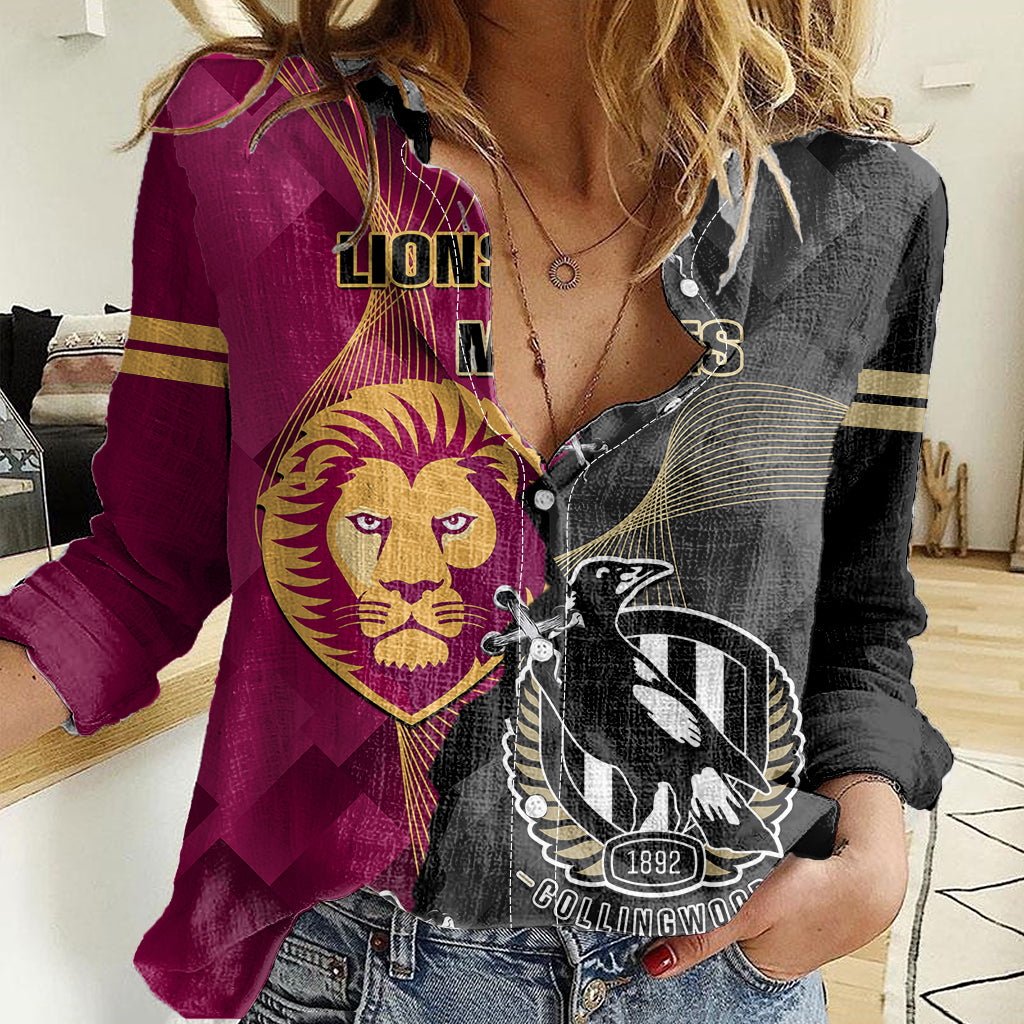 Personalised Collingwood And Lions Football Women Casual Shirt 2023 Grand Final Magpies Brisbane Together - Vibe Hoodie Shop