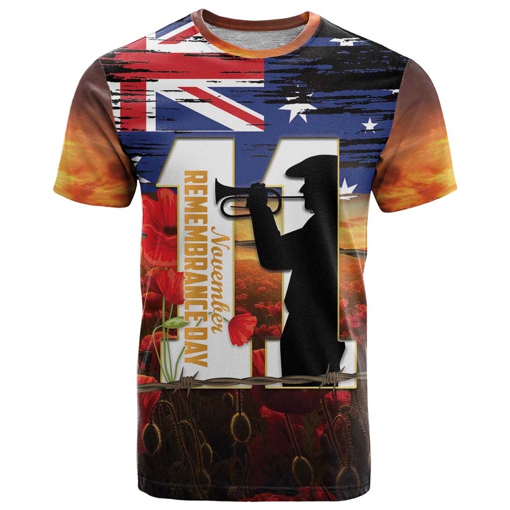 Australia Rememberance Day T Shirt 11 November Poppy Field With Last Post - Vibe Hoodie Shop