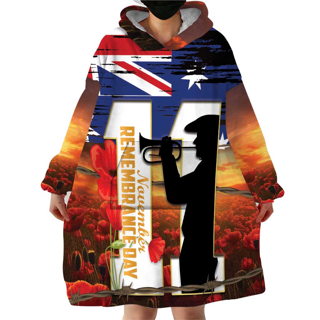 Australia Rememberance Day Wearable Blanket Hoodie 11 November Poppy Field With Last Post - Vibe Hoodie Shop