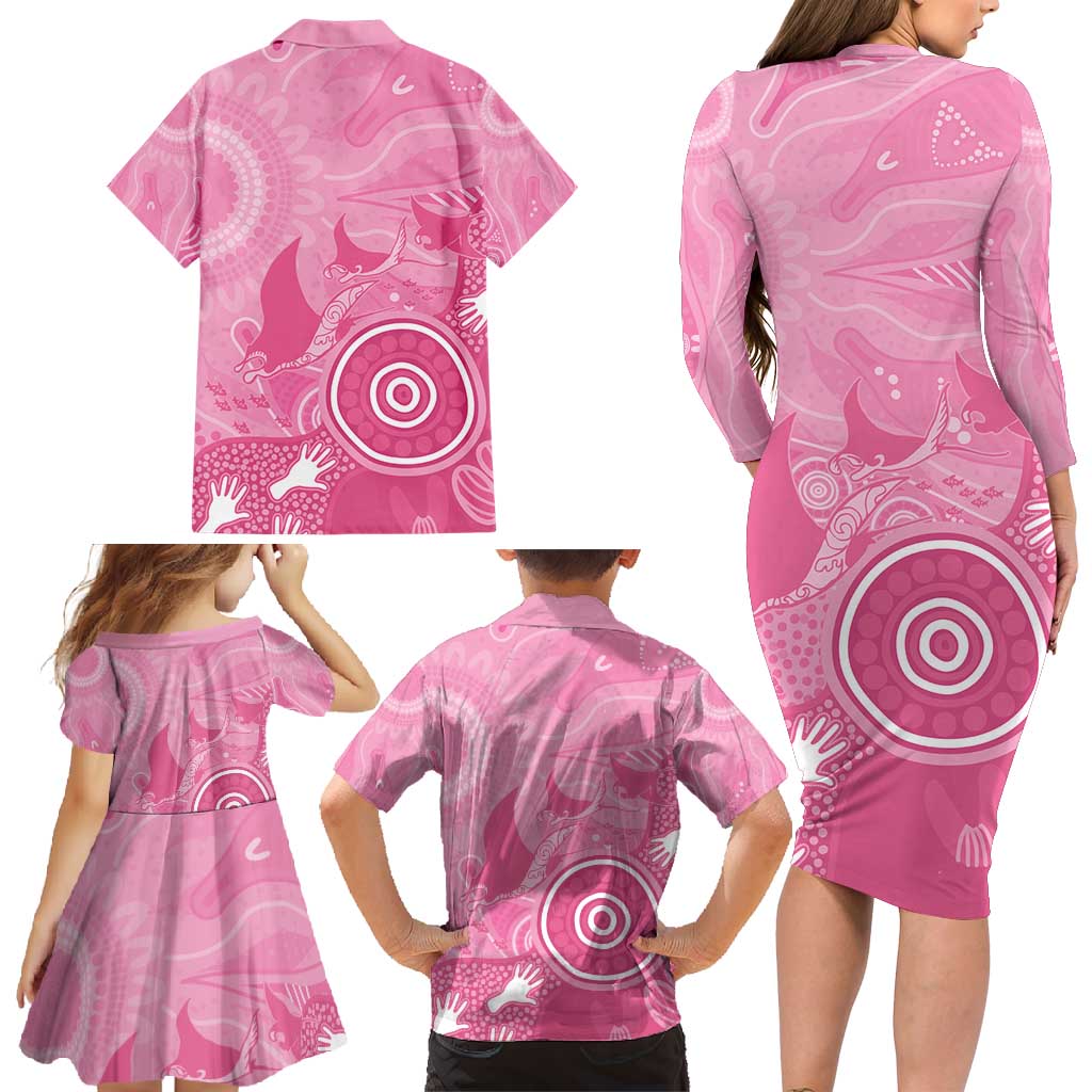 Australia Breast Cancer Awareness Family Matching Long Sleeve Bodycon Dress and Hawaiian Shirt Pink Ribbon Manta Ray Aboriginal Art - Vibe Hoodie