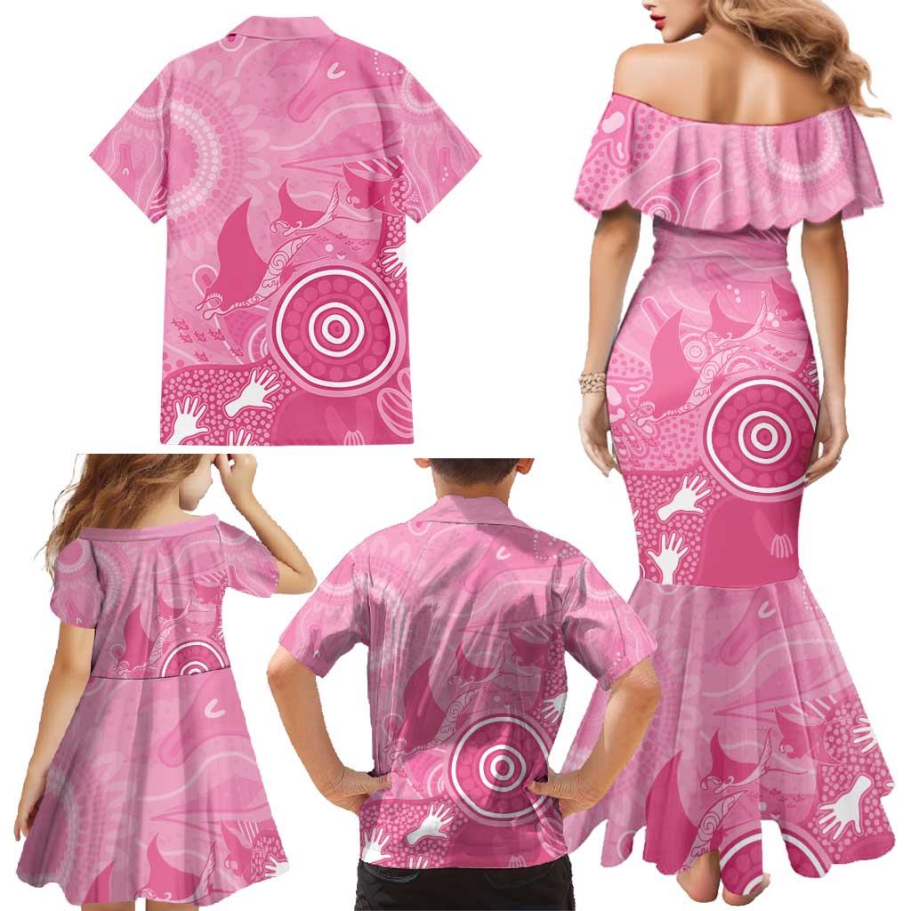 Australia Breast Cancer Awareness Family Matching Mermaid Dress and Hawaiian Shirt Pink Ribbon Manta Ray Aboriginal Art - Vibe Hoodie