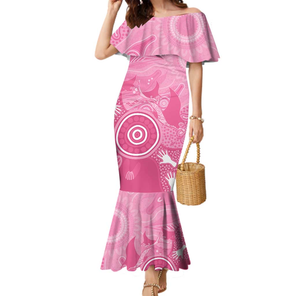 Australia Breast Cancer Awareness Family Matching Mermaid Dress and Hawaiian Shirt Pink Ribbon Manta Ray Aboriginal Art - Vibe Hoodie