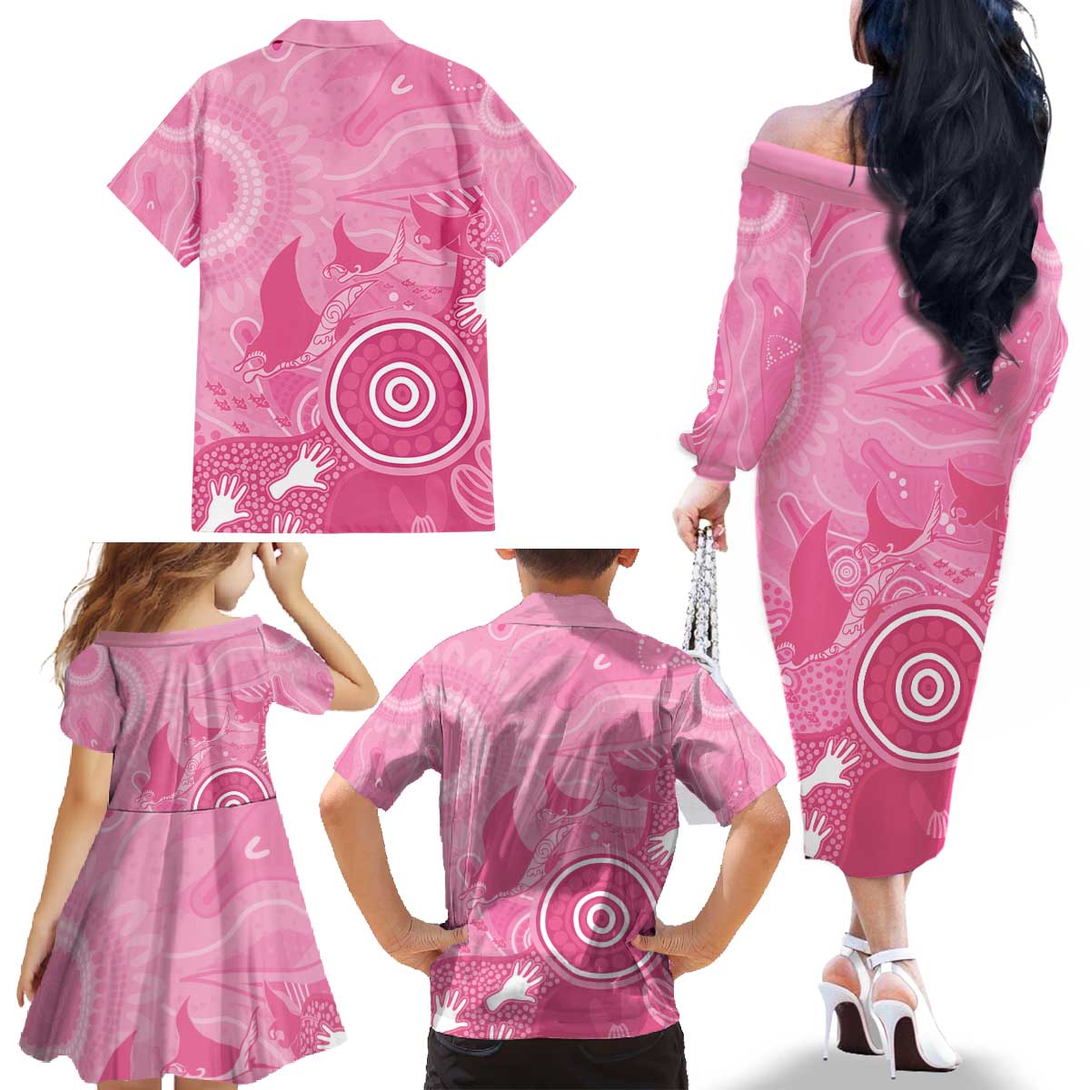 Australia Breast Cancer Awareness Family Matching Off The Shoulder Long Sleeve Dress and Hawaiian Shirt Pink Ribbon Manta Ray Aboriginal Art - Vibe Hoodie