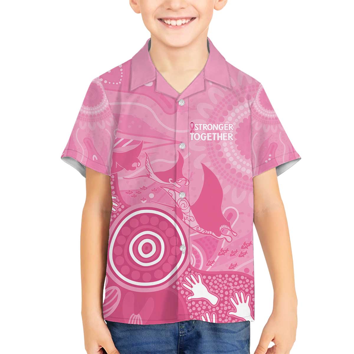 Australia Breast Cancer Awareness Family Matching Off The Shoulder Long Sleeve Dress and Hawaiian Shirt Pink Ribbon Manta Ray Aboriginal Art - Vibe Hoodie