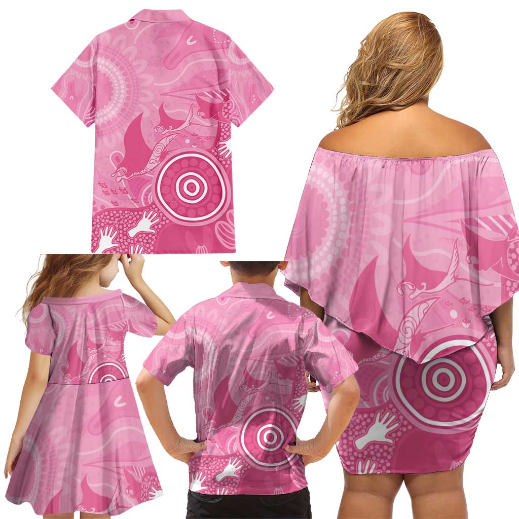 Australia Breast Cancer Awareness Family Matching Off Shoulder Short Dress and Hawaiian Shirt Pink Ribbon Manta Ray Aboriginal Art - Vibe Hoodie