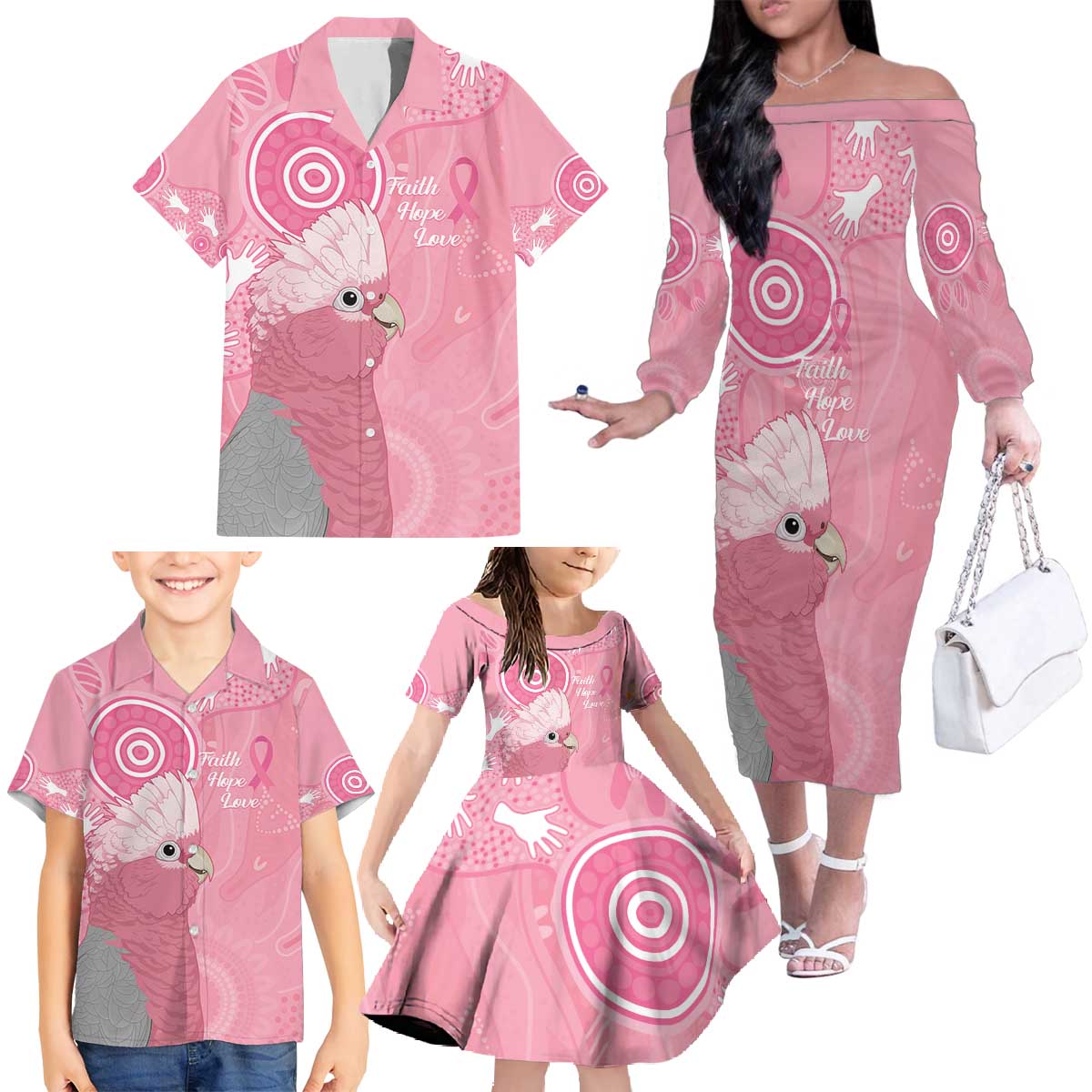 Australia Breast Cancer Awareness Family Matching Off The Shoulder Long Sleeve Dress and Hawaiian Shirt Galah Faith Hope Love Pink Month - Vibe Hoodie