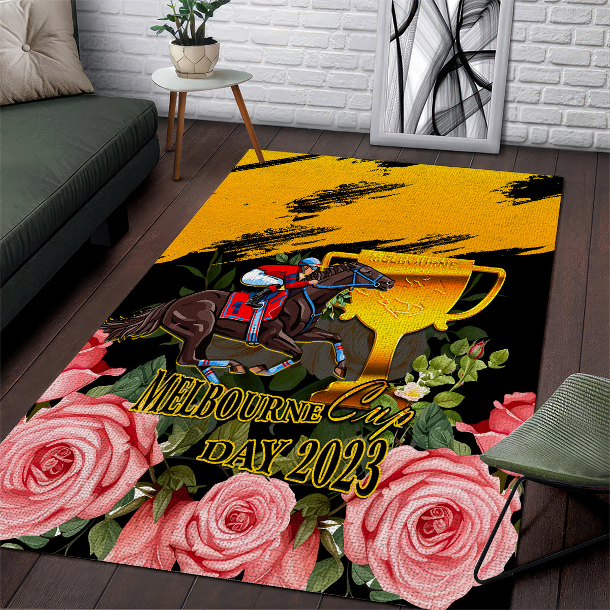 Personalised Australia Melbourne Cup Day Area Rug 2023 Horse Racing Trophy With Roses - Vibe Hoodie Shop