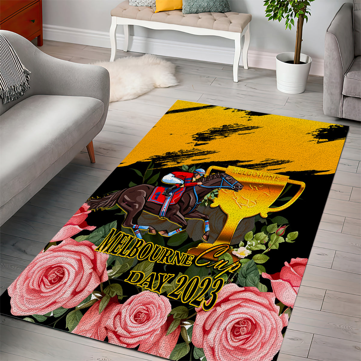 Personalised Australia Melbourne Cup Day Area Rug 2023 Horse Racing Trophy With Roses - Vibe Hoodie Shop