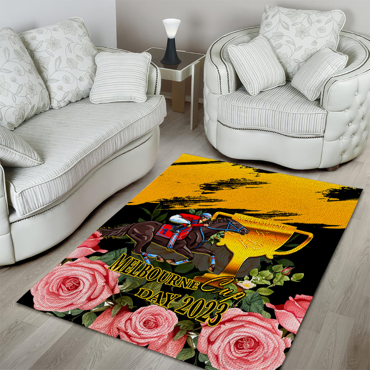 Personalised Australia Melbourne Cup Day Area Rug 2023 Horse Racing Trophy With Roses - Vibe Hoodie Shop