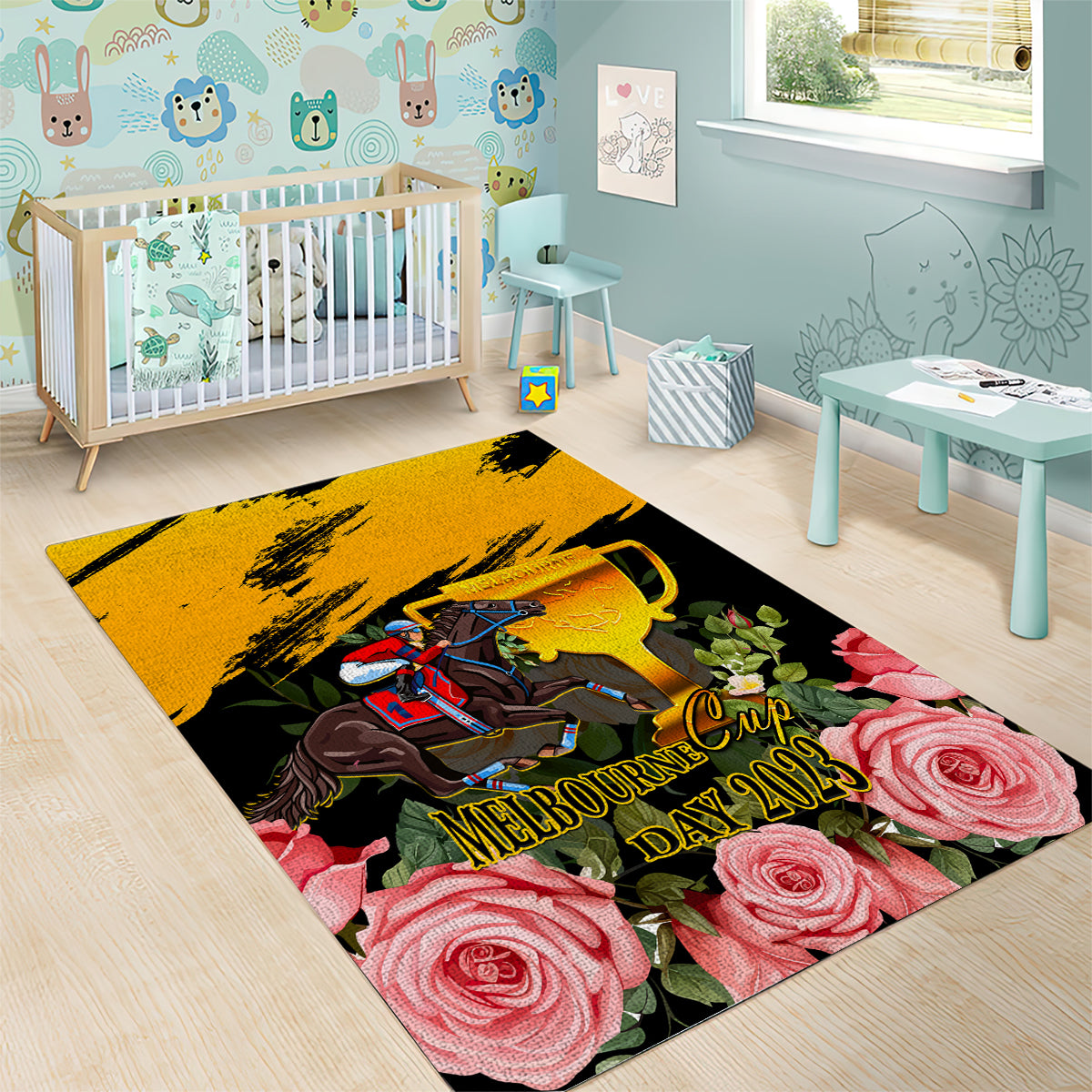 Personalised Australia Melbourne Cup Day Area Rug 2023 Horse Racing Trophy With Roses - Vibe Hoodie Shop