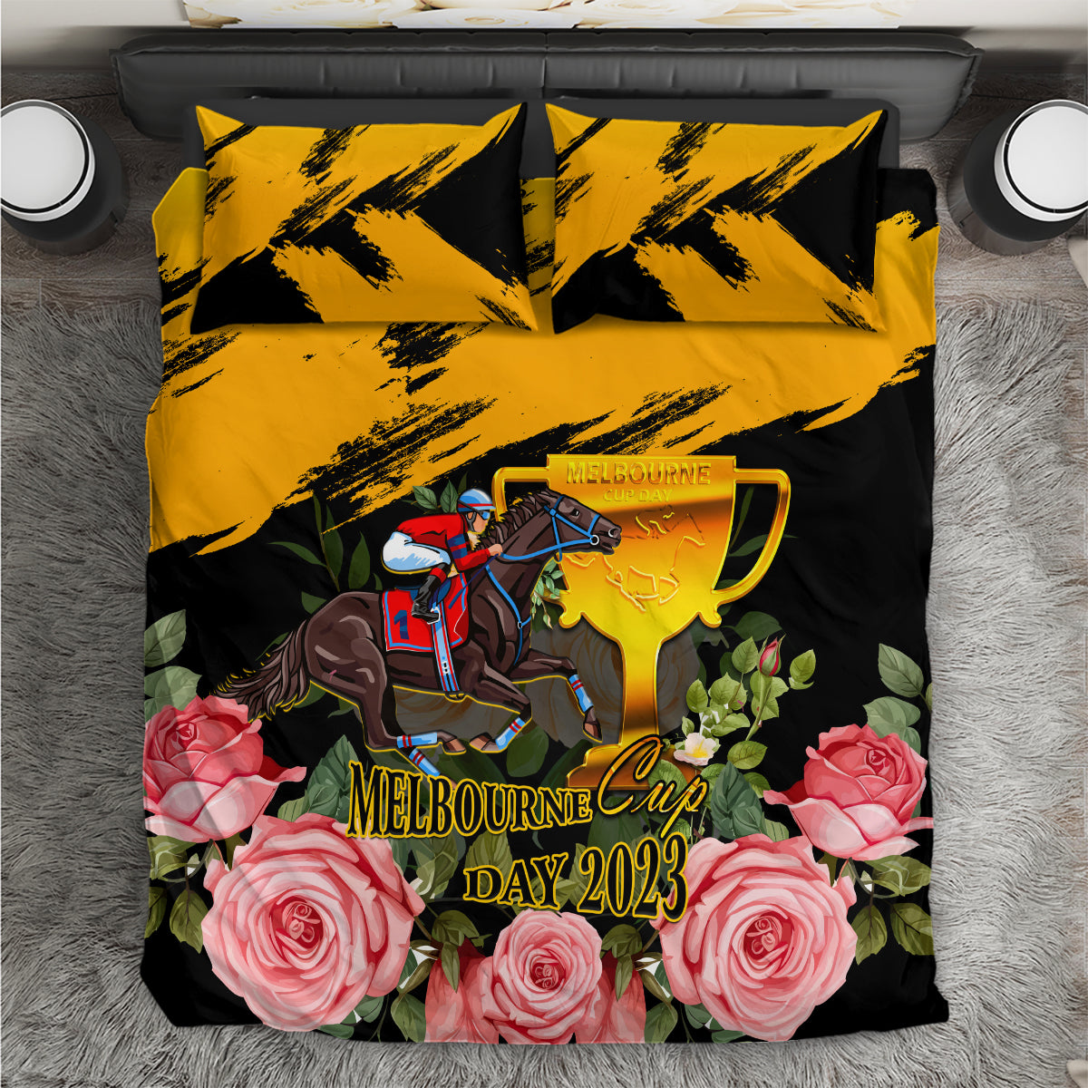 Personalised Australia Melbourne Cup Day Bedding Set 2023 Horse Racing Trophy With Roses - Vibe Hoodie Shop