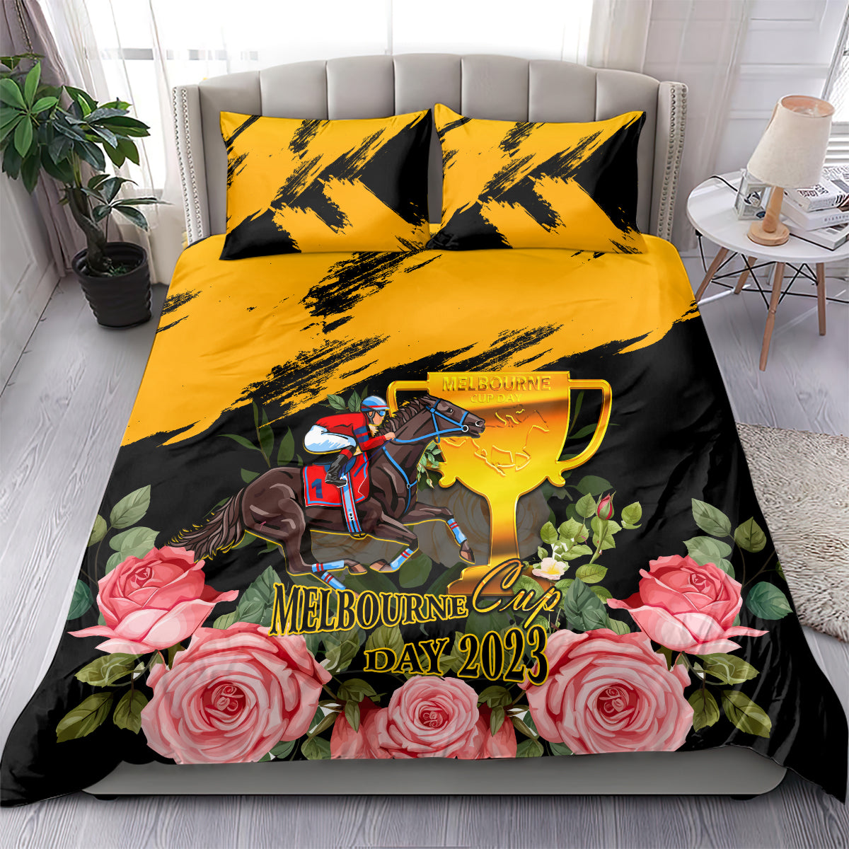 Personalised Australia Melbourne Cup Day Bedding Set 2023 Horse Racing Trophy With Roses - Vibe Hoodie Shop