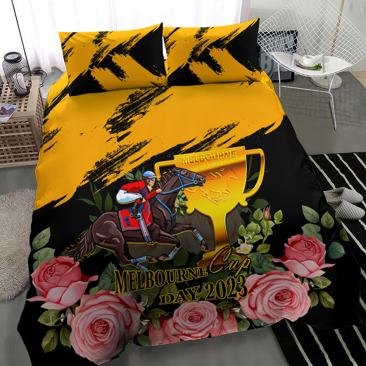 Personalised Australia Melbourne Cup Day Bedding Set 2023 Horse Racing Trophy With Roses - Vibe Hoodie Shop