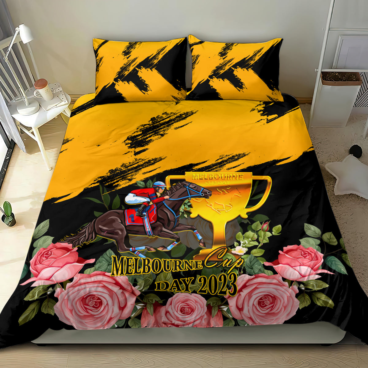 Personalised Australia Melbourne Cup Day Bedding Set 2023 Horse Racing Trophy With Roses - Vibe Hoodie Shop