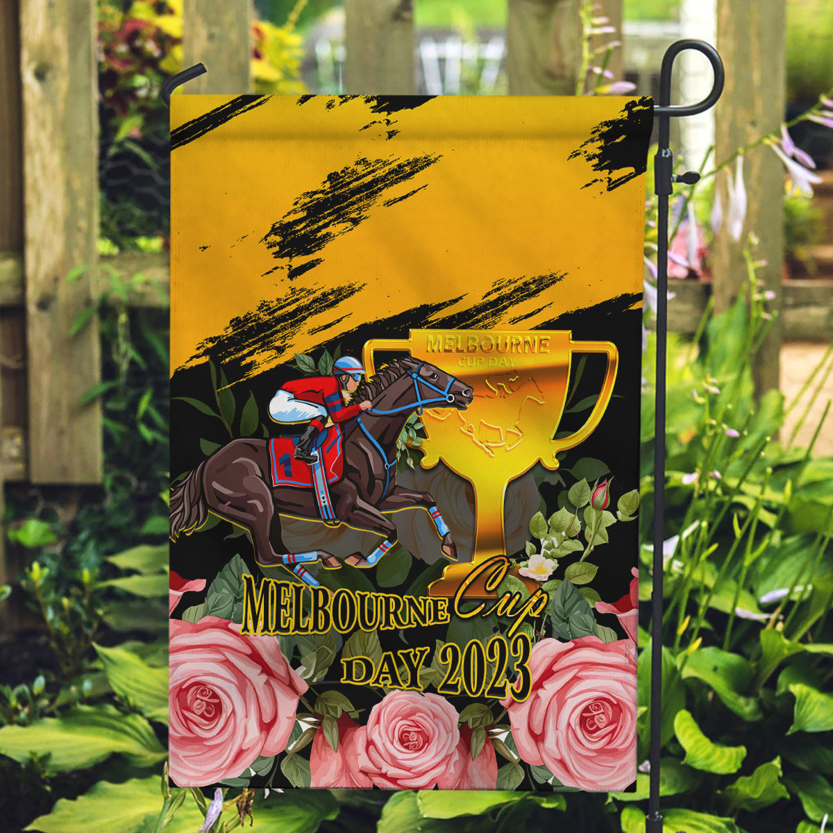 Personalised Australia Melbourne Cup Day Garden Flag 2023 Horse Racing Trophy With Roses - Vibe Hoodie Shop