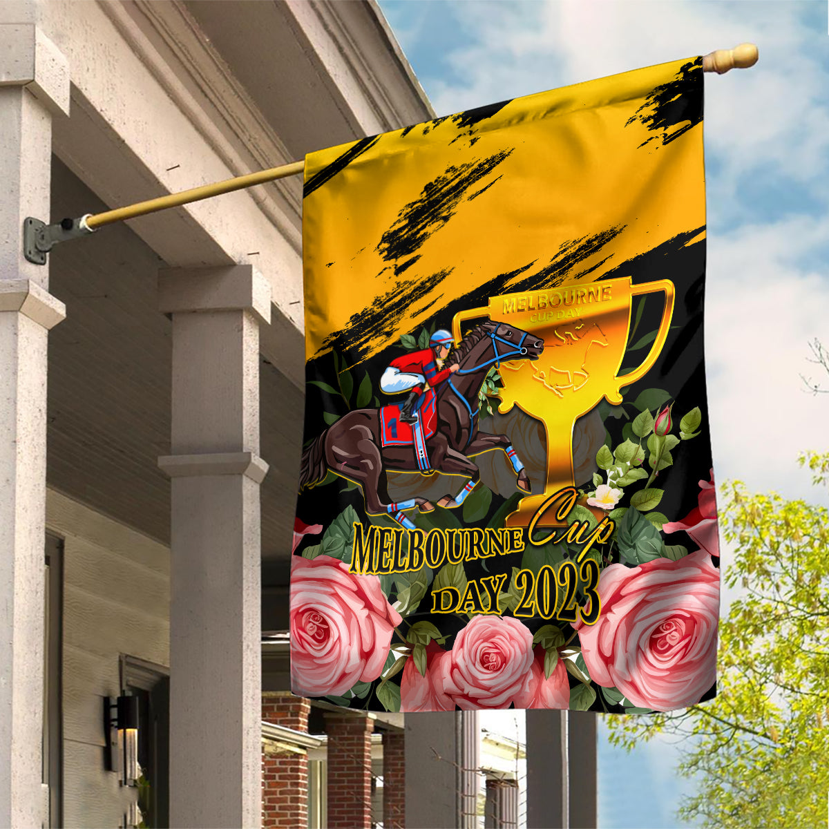 Personalised Australia Melbourne Cup Day Garden Flag 2023 Horse Racing Trophy With Roses - Vibe Hoodie Shop