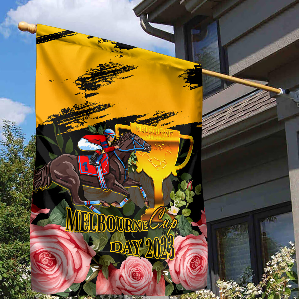 Personalised Australia Melbourne Cup Day Garden Flag 2023 Horse Racing Trophy With Roses - Vibe Hoodie Shop