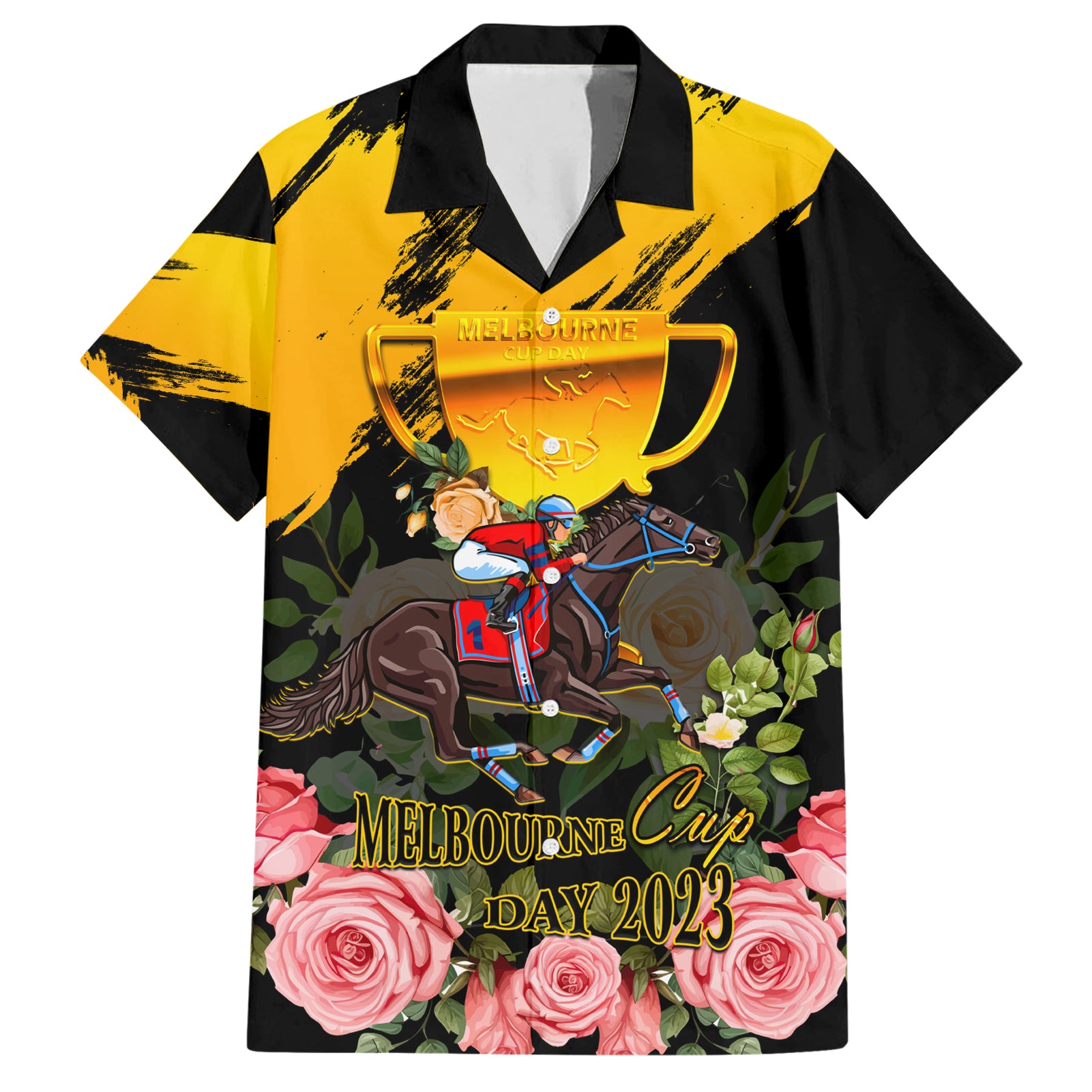 Personalised Australia Melbourne Cup Day Hawaiian Shirt 2023 Horse Racing Trophy With Roses - Vibe Hoodie Shop